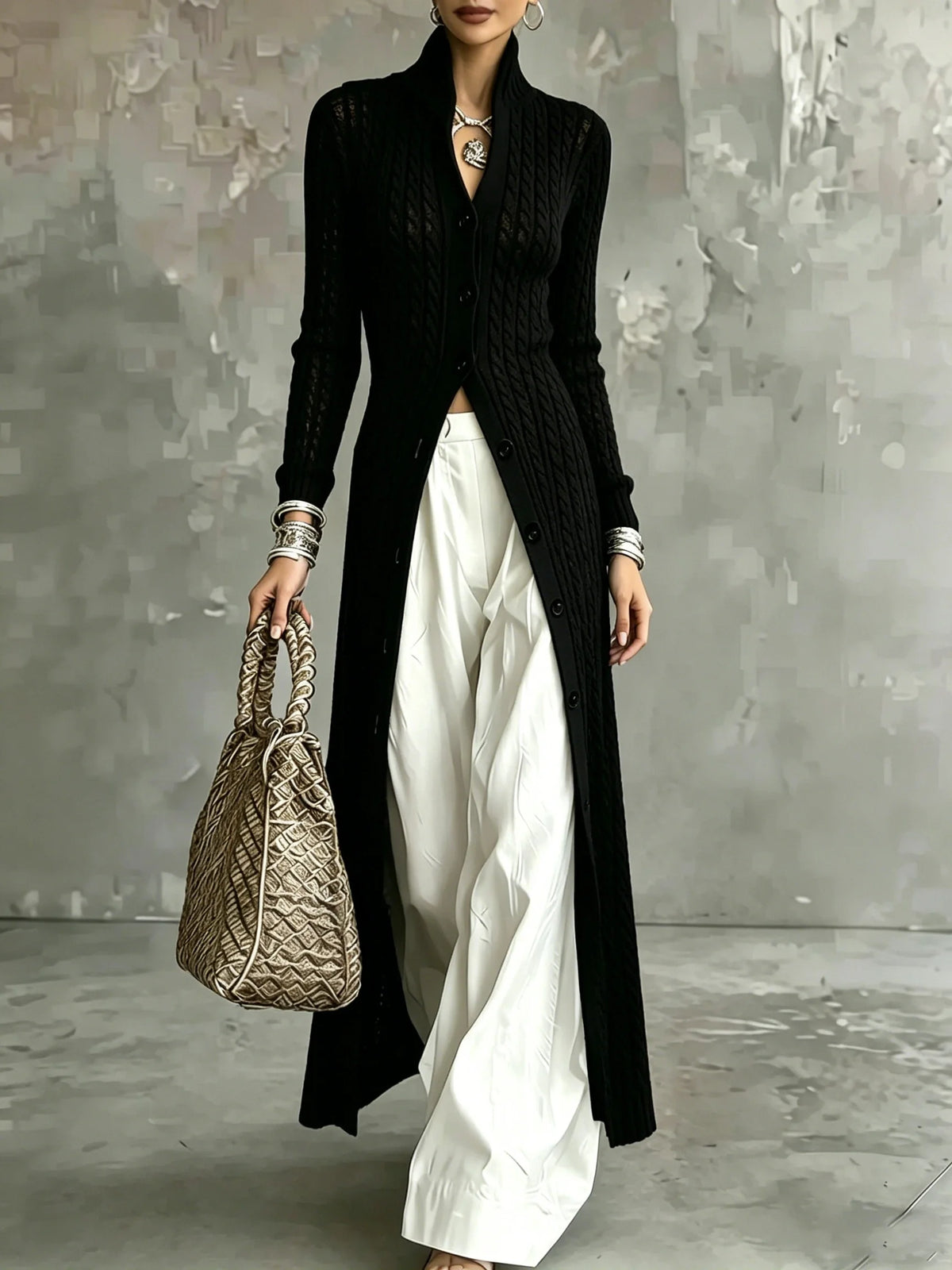 Women's Long Black Knit Cardigan Autumn Winter 2026 High Neck Open Front Oversized Cable Knit Sweater Coat Casual Jumper