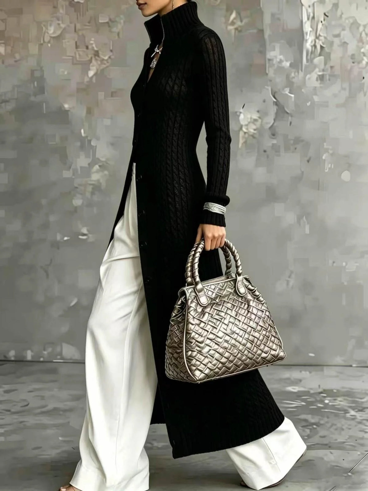 Women's Long Black Knit Cardigan Autumn Winter 2026 High Neck Open Front Oversized Cable Knit Sweater Coat Casual Jumper