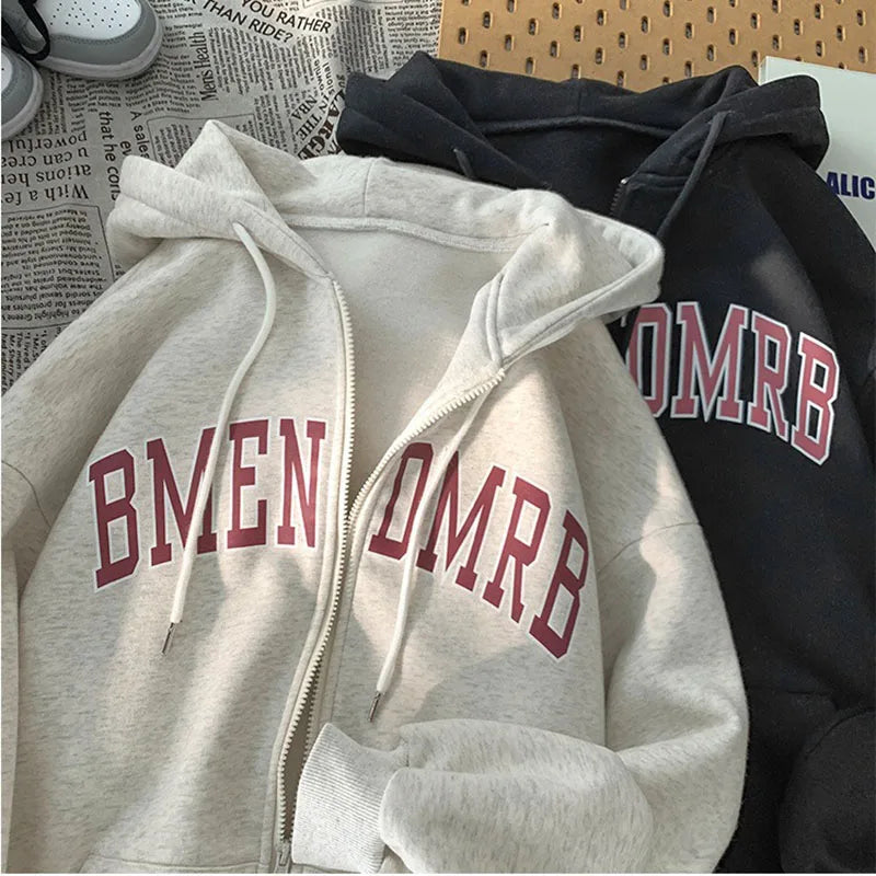 Women Autumn‑Winter Fleece‑Lined Thick Zip‑Up Letter‑Print Hooded Sweatshirt Jacket Lady Casual Fashion Loose Cardigan Outerwear