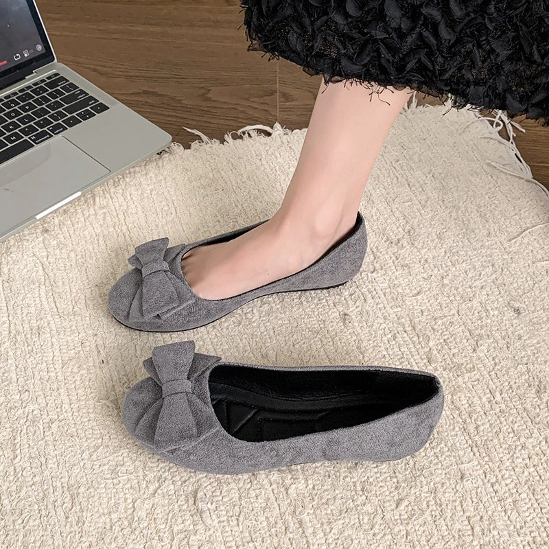 Women Sweet Big Bow Flats Shoes Soft Suede Round