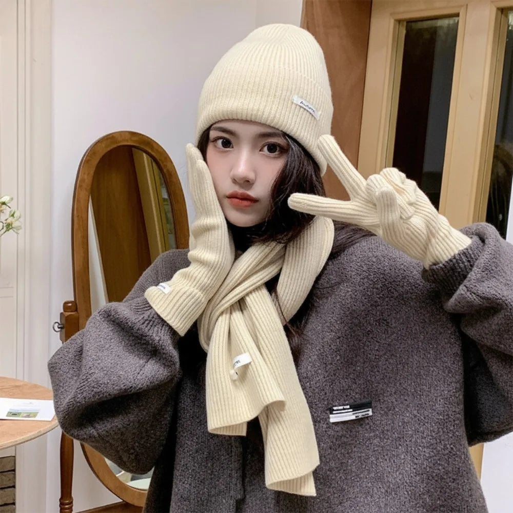 Red Hat Scarf Gloves Set Warm Cotton Thickened Knitted Woolen Cap Ear Protection New Year Winter Beanie Hats Christmas Gift