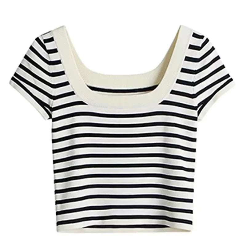 2026 large U-neck striped ice silk knitted short-sleeved T-shirt women's exposed collarbone thin top slim-fitting short
