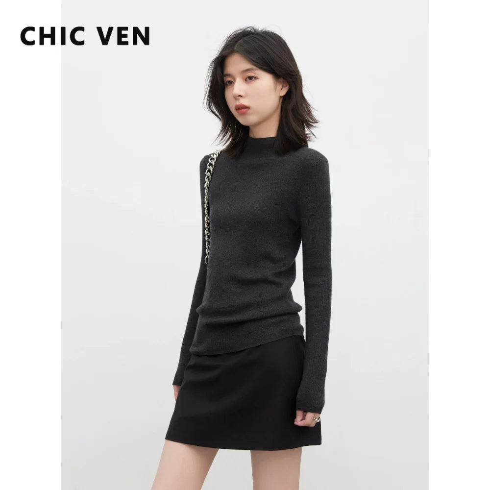 CHIC VEN New Women Half Turtleneck Sweater Solid Semi High Neck Knitted Pullovers Slim Female Basic Pullovers Spring Autumn 2026