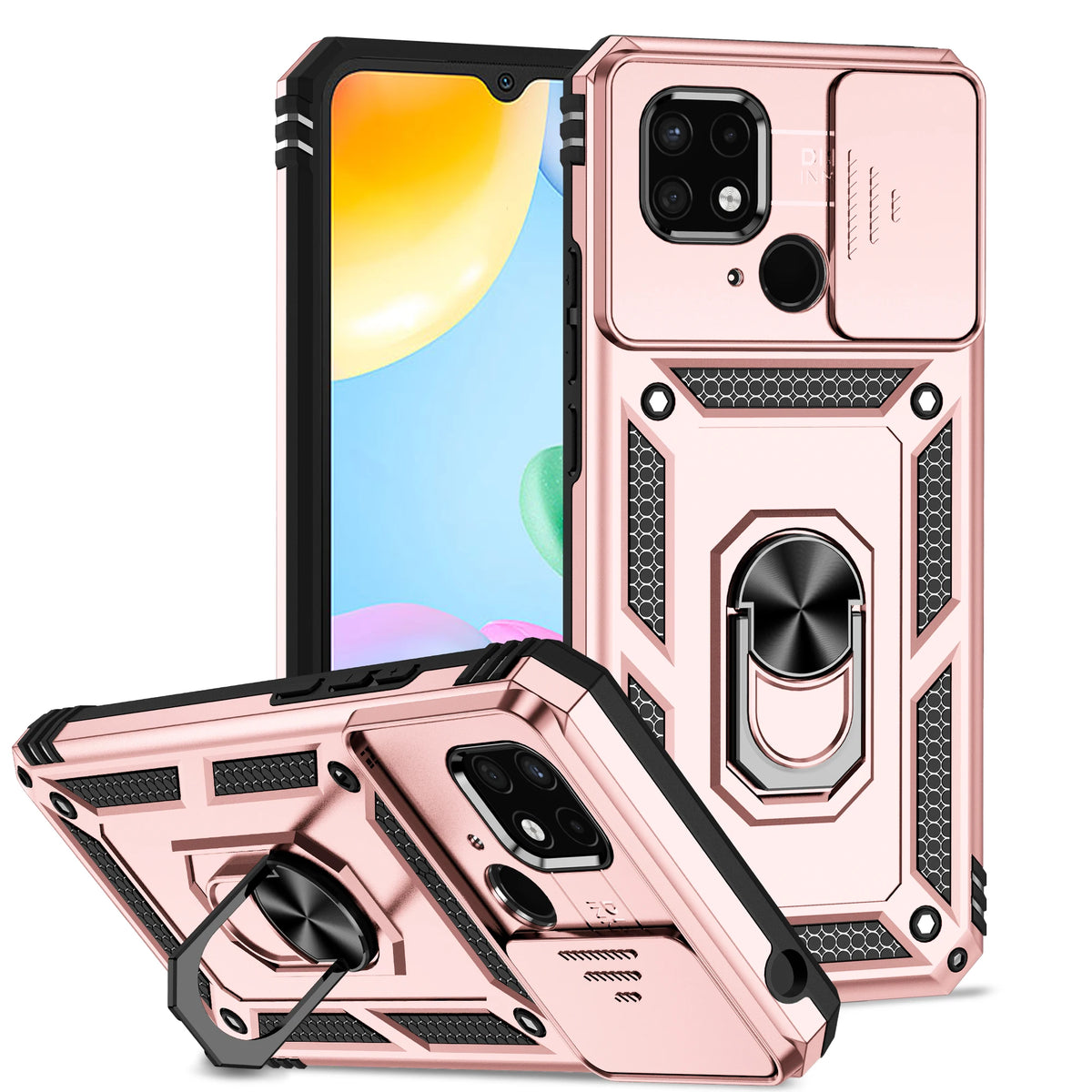 Luxury Armor Case for Redmi 10 9A 9C 10 10A 11A 10C 12 12C 13C 14C 15C A1 Plus Ring Holder Slide Lens Stand  Cover Shockproof