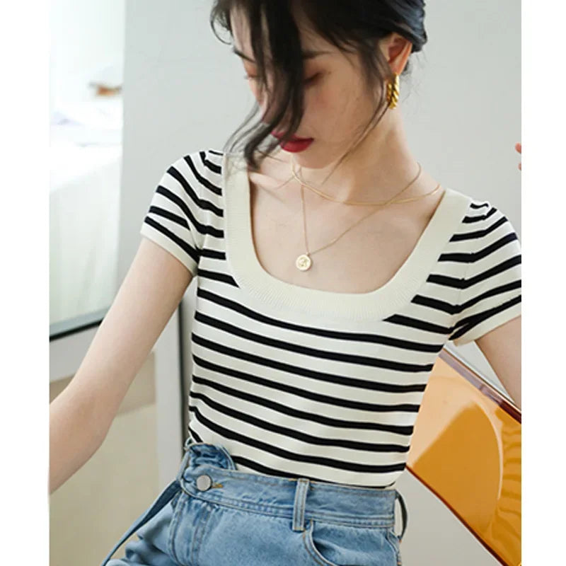 2026 large U-neck striped ice silk knitted short-sleeved T-shirt women's exposed collarbone thin top slim-fitting short