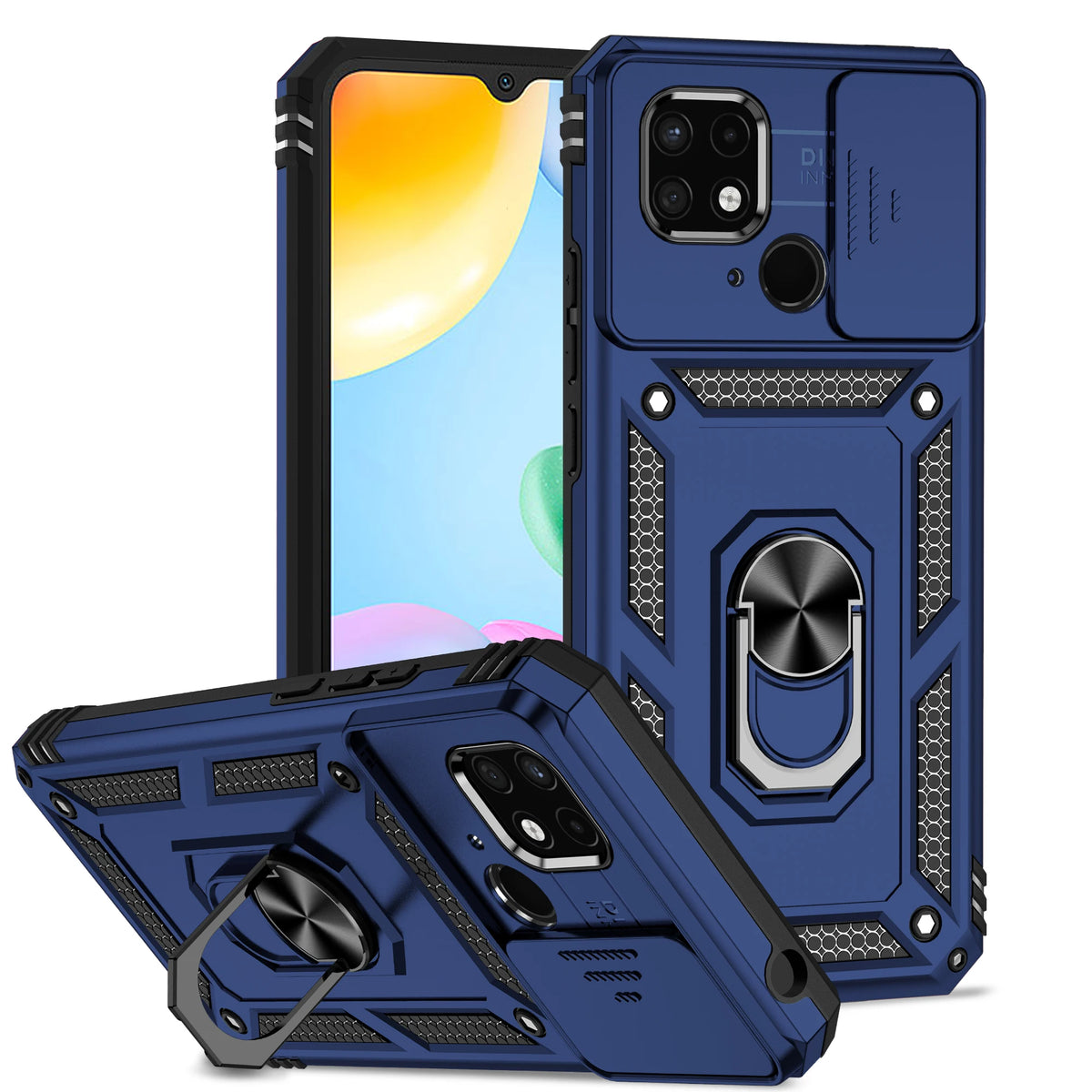 Luxury Armor Case for Redmi 10 9A 9C 10 10A 11A 10C 12 12C 13C 14C 15C A1 Plus Ring Holder Slide Lens Stand  Cover Shockproof