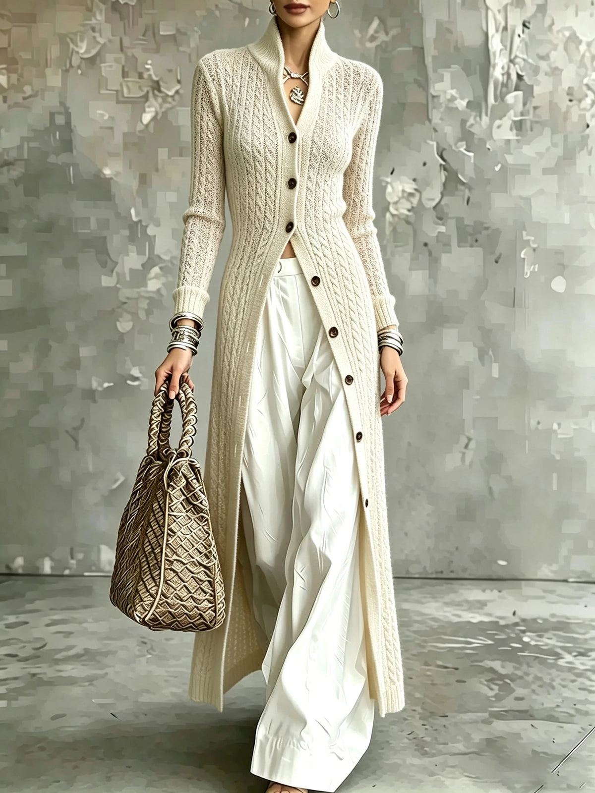 Women's Long Black Knit Cardigan Autumn Winter 2026 High Neck Open Front Oversized Cable Knit Sweater Coat Casual Jumper