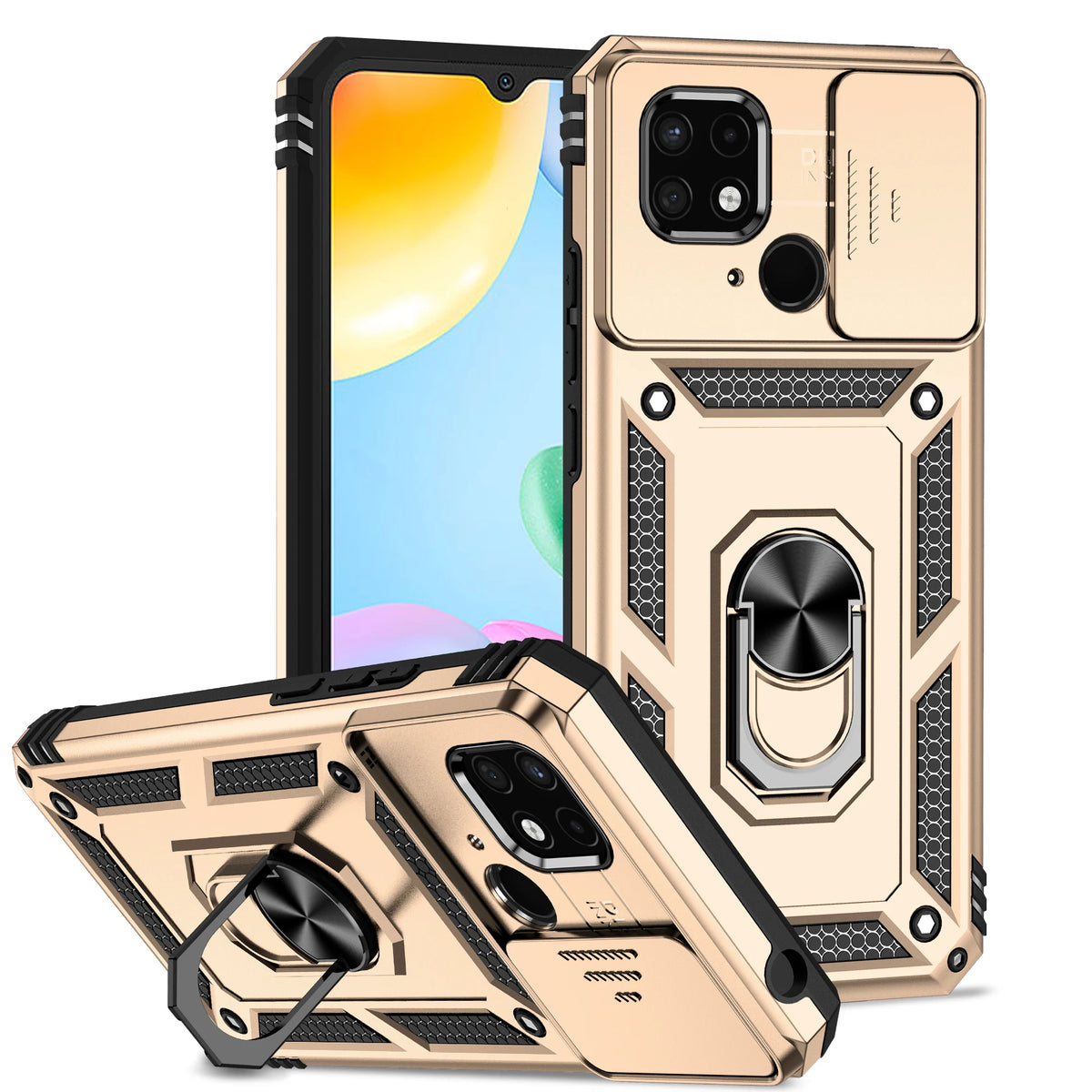 Luxury Armor Case for Redmi 10 9A 9C 10 10A 11A 10C 12 12C 13C 14C 15C A1 Plus Ring Holder Slide Lens Stand  Cover Shockproof