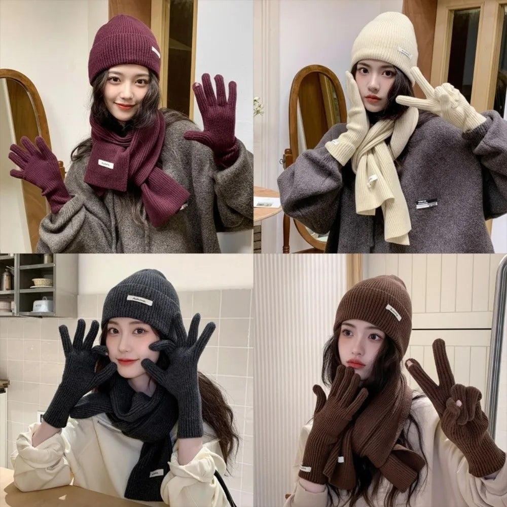 Red Hat Scarf Gloves Set Warm Cotton Thickened Knitted Woolen Cap Ear Protection New Year Winter Beanie Hats Christmas Gift