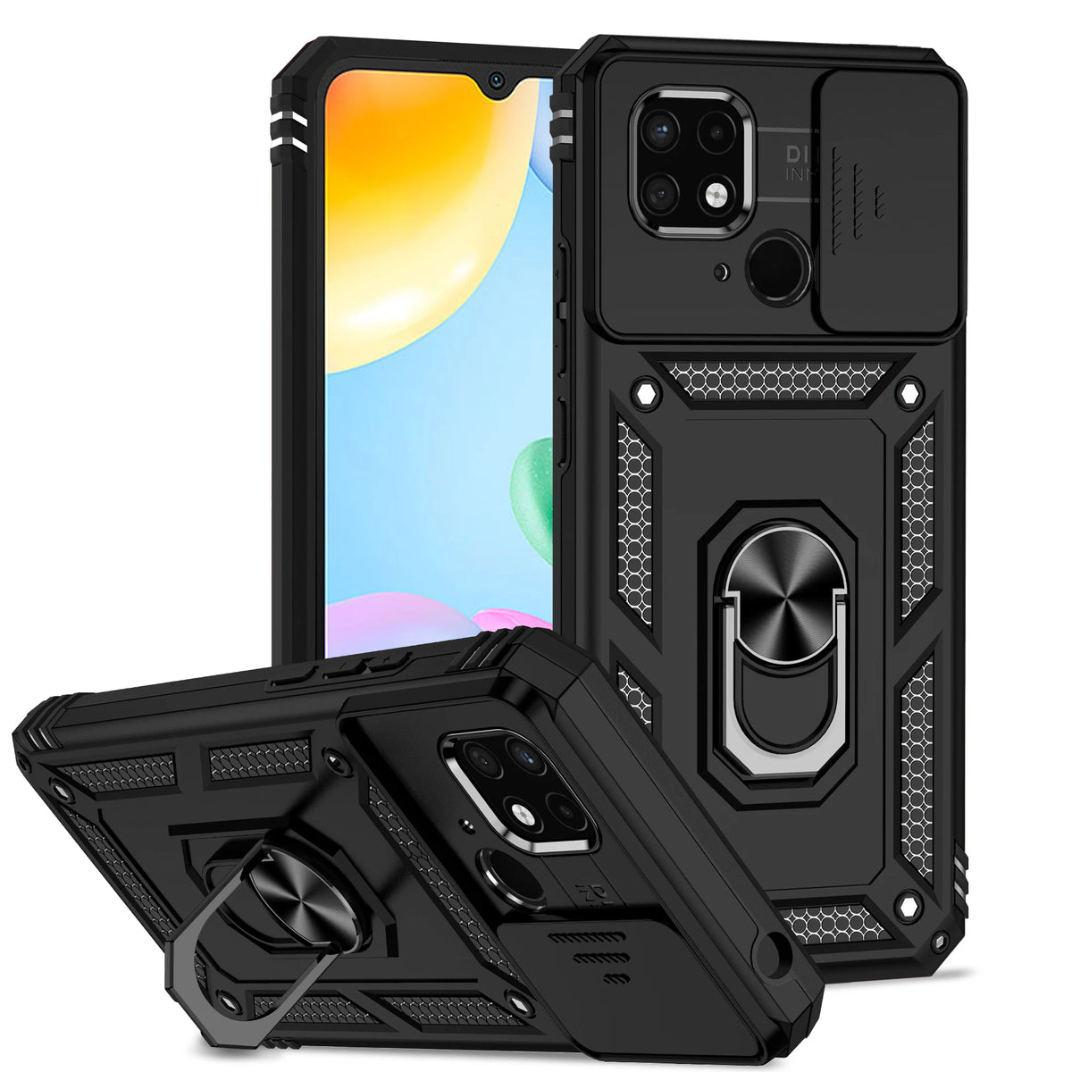 Luxury Armor Case for Redmi 10 9A 9C 10 10A 11A 10C 12 12C 13C 14C 15C A1 Plus Ring Holder Slide Lens Stand  Cover Shockproof