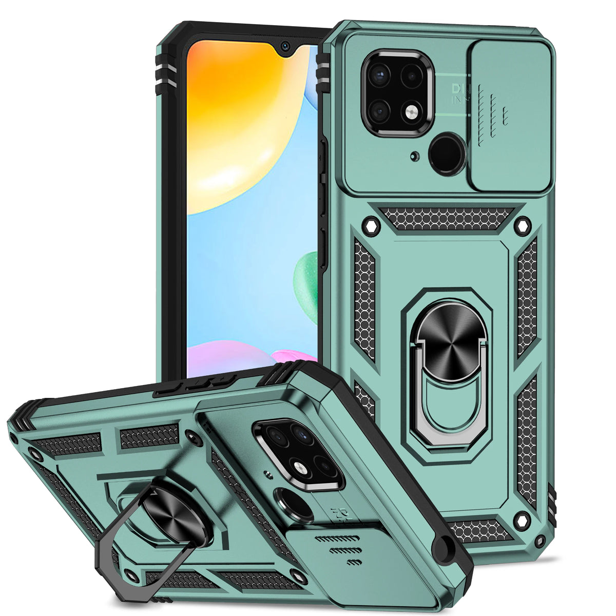 Luxury Armor Case for Redmi 10 9A 9C 10 10A 11A 10C 12 12C 13C 14C 15C A1 Plus Ring Holder Slide Lens Stand  Cover Shockproof