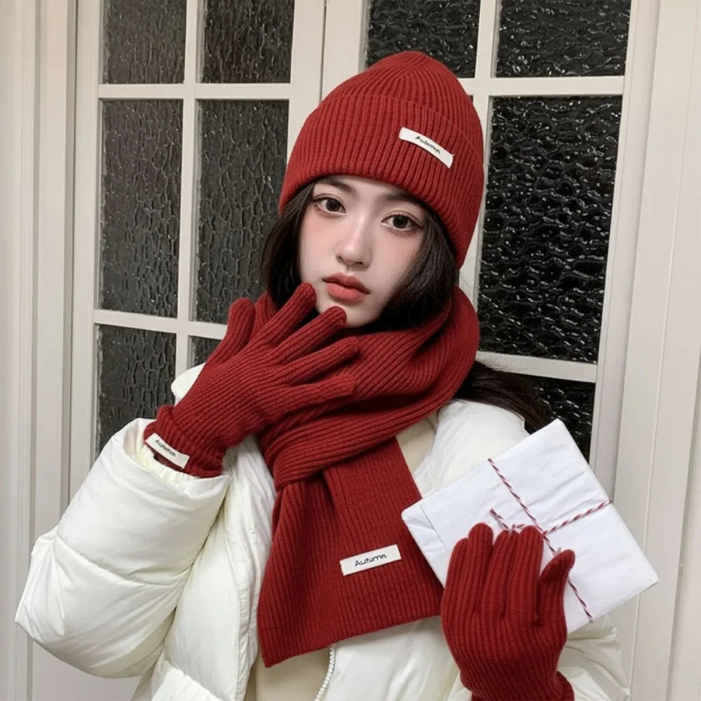 Red Hat Scarf Gloves Set Warm Cotton Thickened Knitted Woolen Cap Ear Protection New Year Winter Beanie Hats Christmas Gift