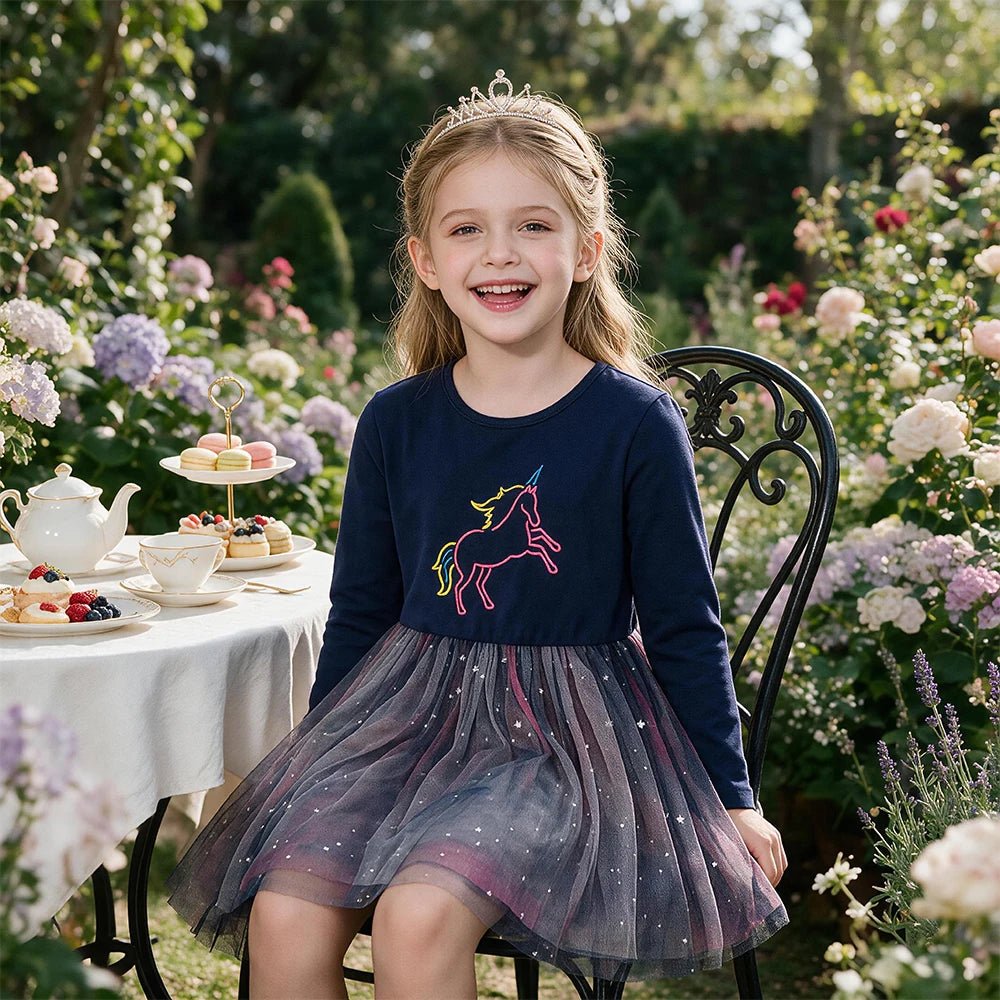 VIKITA Kids Unicorn Dresses for Girls Birthday Party Prom Gown Princess Dress Kids Long Sleeve Spring Autumn Dress Girl Clothes