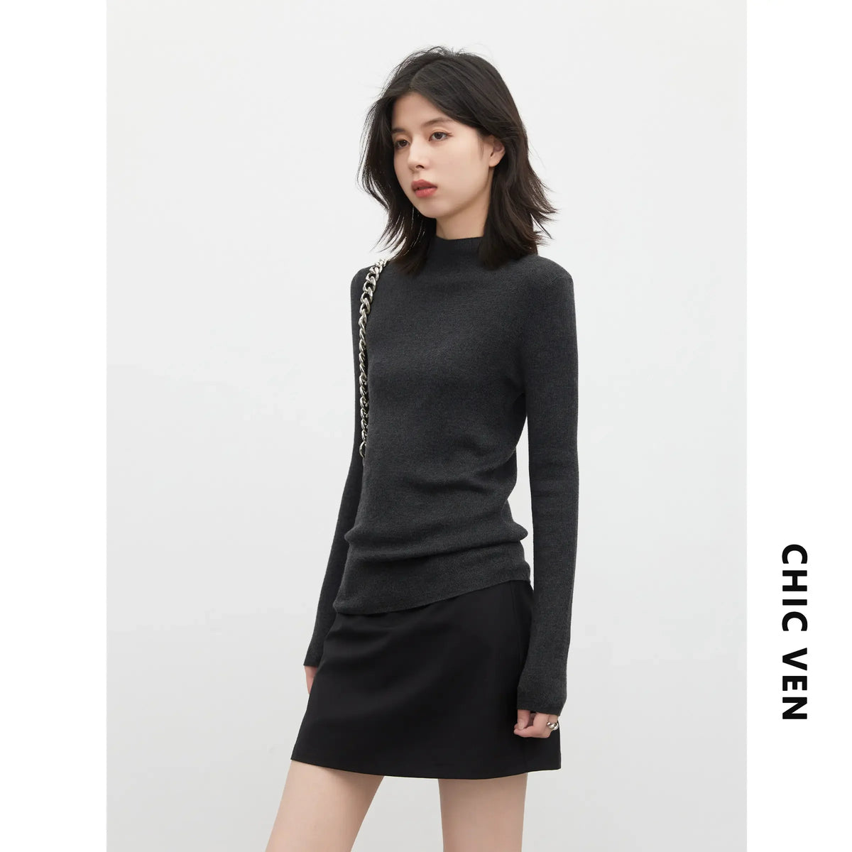 CHIC VEN New Women Half Turtleneck Sweater Solid Semi High Neck Knitted Pullovers Slim Female Basic Pullovers Spring Autumn 2026