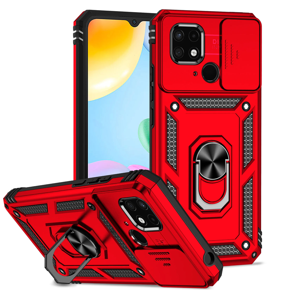 Luxury Armor Case for Redmi 10 9A 9C 10 10A 11A 10C 12 12C 13C 14C 15C A1 Plus Ring Holder Slide Lens Stand  Cover Shockproof