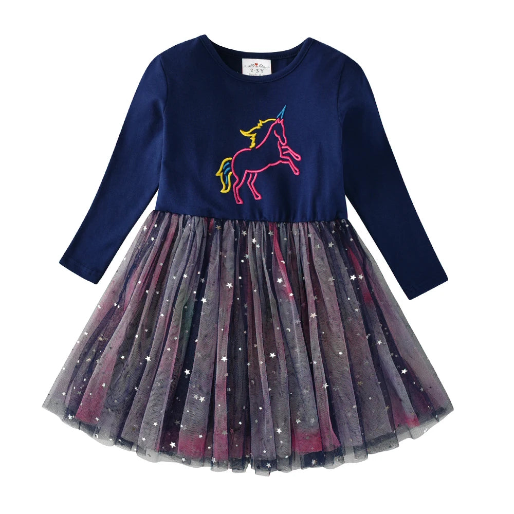 VIKITA Kids Unicorn Dresses for Girls Birthday Party Prom Gown Princess Dress Kids Long Sleeve Spring Autumn Dress Girl Clothes